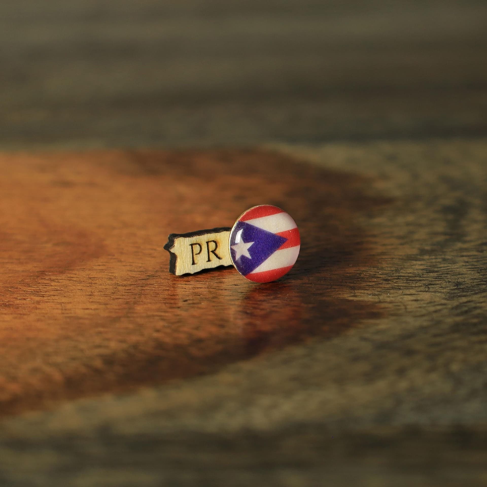 Puerto Rico Flag Map Pin with Wood Cutout | Wooden Travel Map Pin and Wood Puerto Rico  | Travel Map Accessory