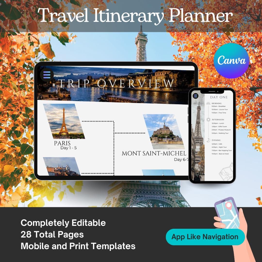Customizable Travel Itinerary Canva Template: Mobile Travel Guide (PDF Download)