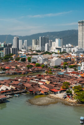 Cityscape of George Town from the seashore. Aerial view
