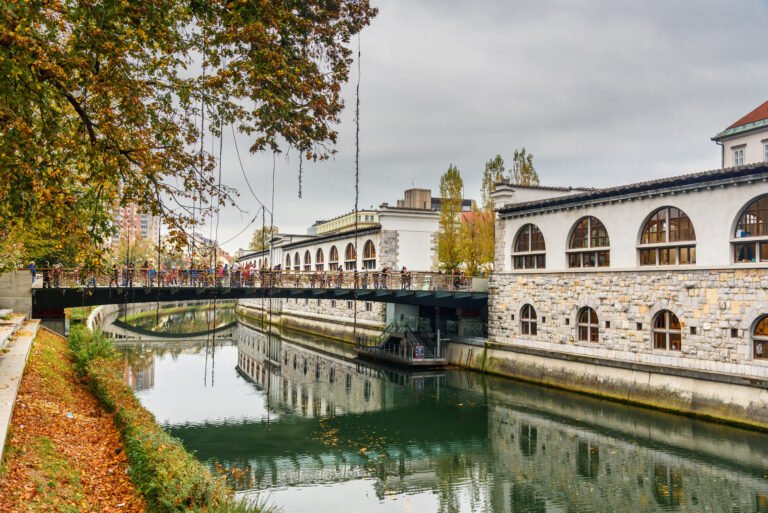 View of ljubljanica river and butchers' bridge or mesarski most in ljubljana