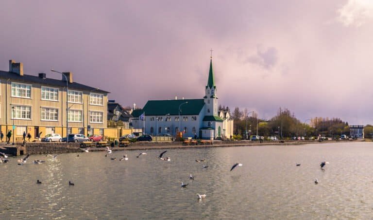 Reykjavik - may 02, 2018: panorama of reykjavik from the tjornin
