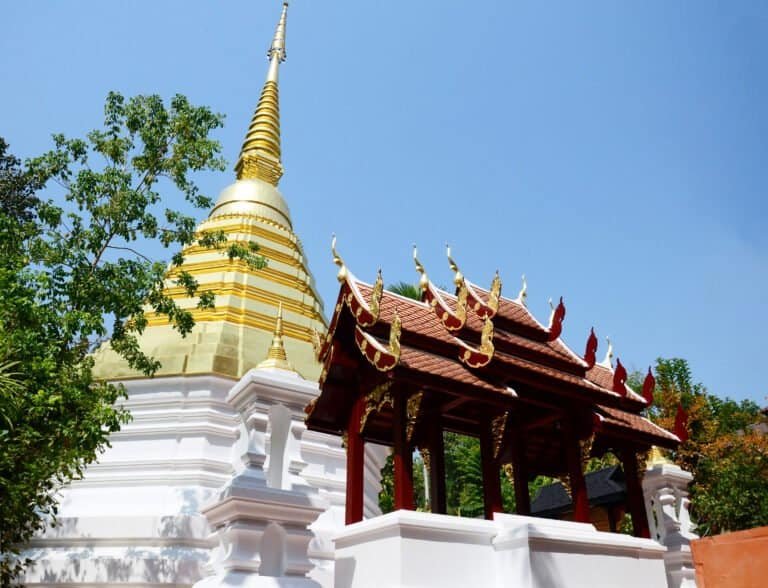 Ancient chedi or antique old stupa for thai people travelers tra