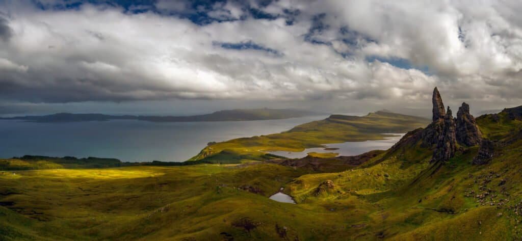 Panorama of storr rock formations in cloudy sunset, isle of skye, scotland