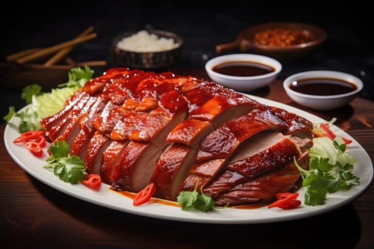 Peking duck on black with sauces, garnish