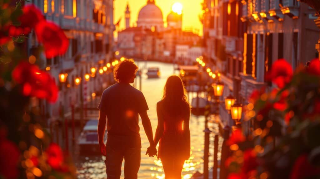 Vacationing tourists in venice, italy - two lovers have fun on a city street at sunset - tourism and love concept