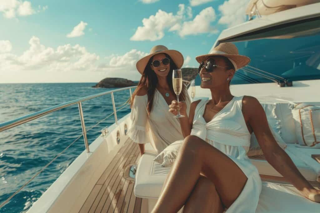 Stylish friends enjoying champagne on yacht with stunning ocean views for a luxury adventure summer vacation