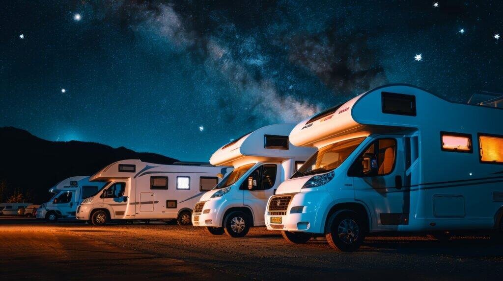 Rvs, campers, caravan parked under starry sky at night, motorhomes adventure and freedom concept