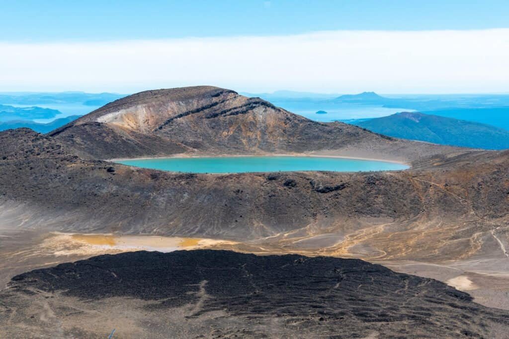 View of the blue lake of tongariro national park, new zealand
