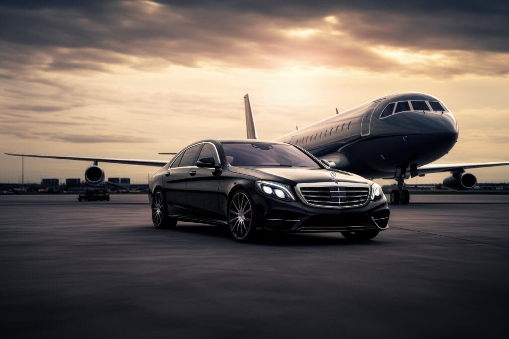 Luxury car on the runway in airport with airplane in the background
