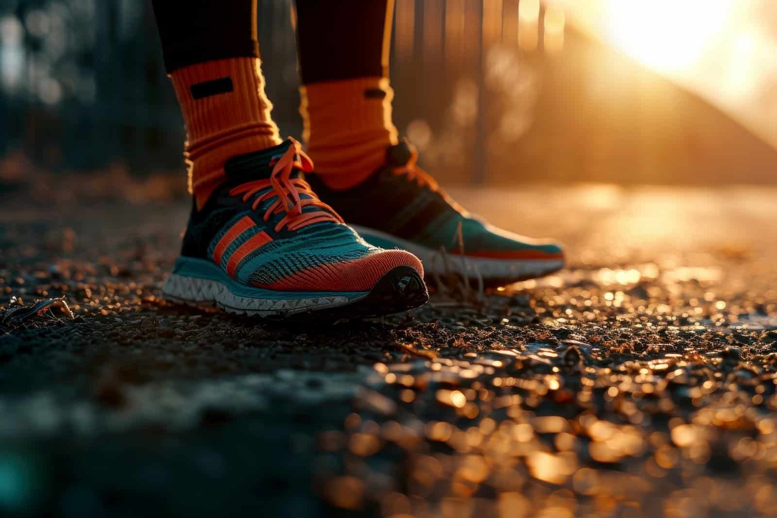 Man foots wearing sport shoes jogging on street.