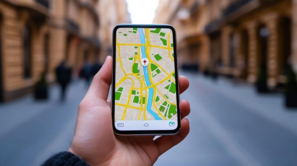 A person holding up a smart phone with gps on it