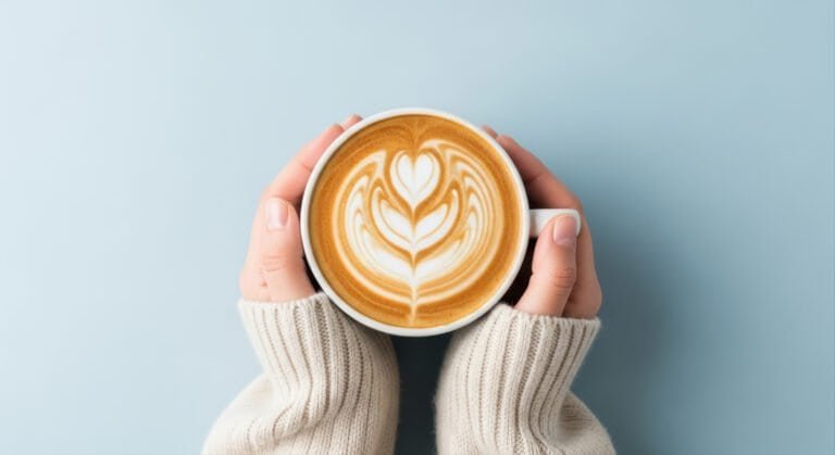 Hands holding latte art coffee cup