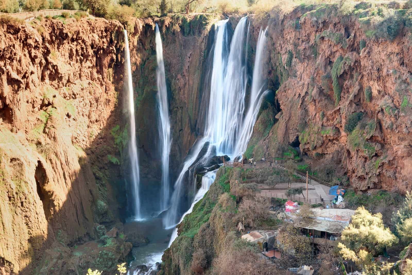 View of ouzoud waterfall in the mountain atlas, village tanaghmeilt. Morocco
