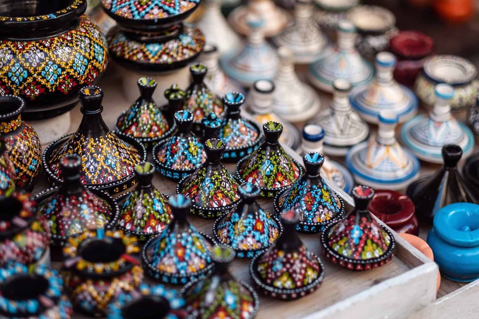 Traditional Moroccan market with souvenirs. Handmade ceramic