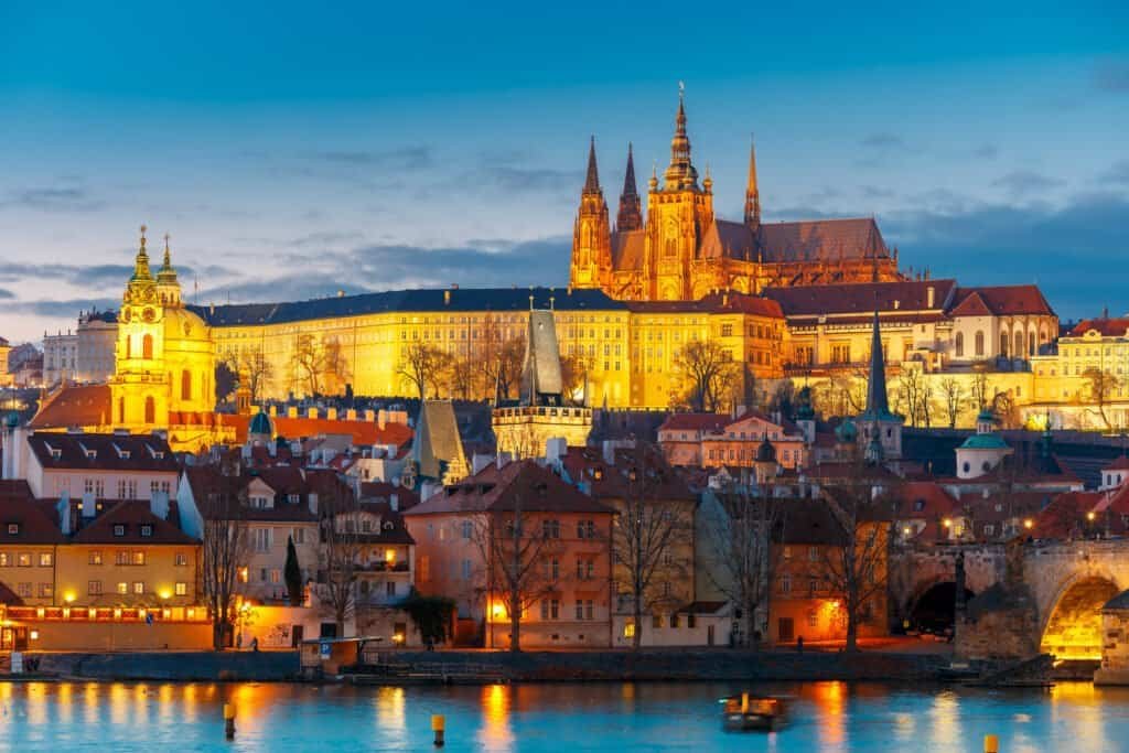 Prague castle and mala strana or little quarter at night, prague, czech republic.