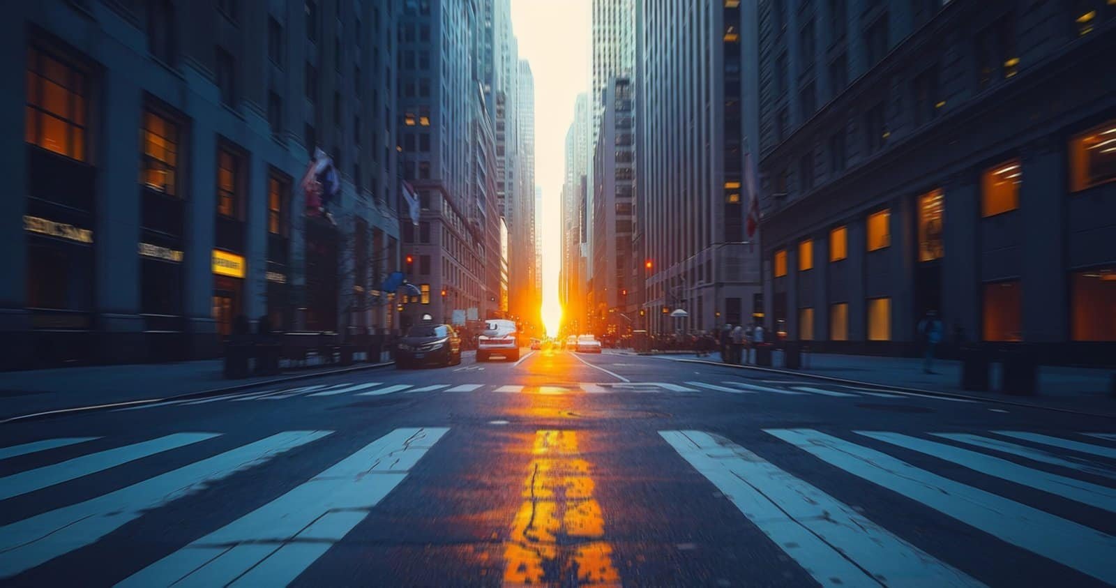 High-rise buildings line a busy city street filled with moving cars, buses, and pedestrians, capturing the urban hustle and bustle.